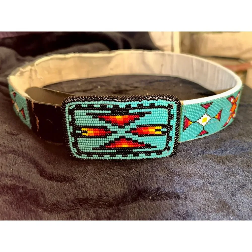VINTAGE NATIVE TURQUOISE BEADED LEATHER BELT & MATCHING BUCKLE